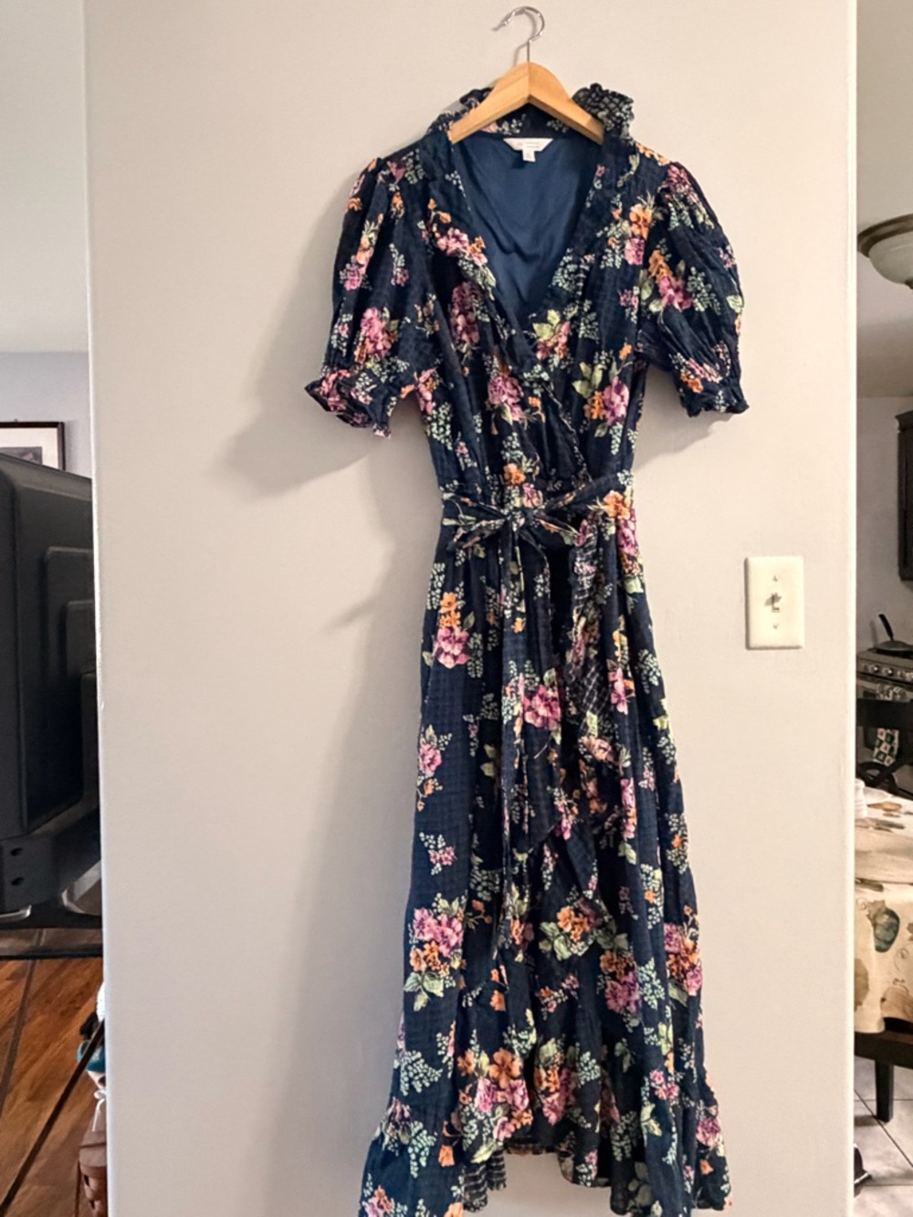 LC Lauren Conrad Navy Floral Wrap Maxi Dress with Pink & Green Blooms